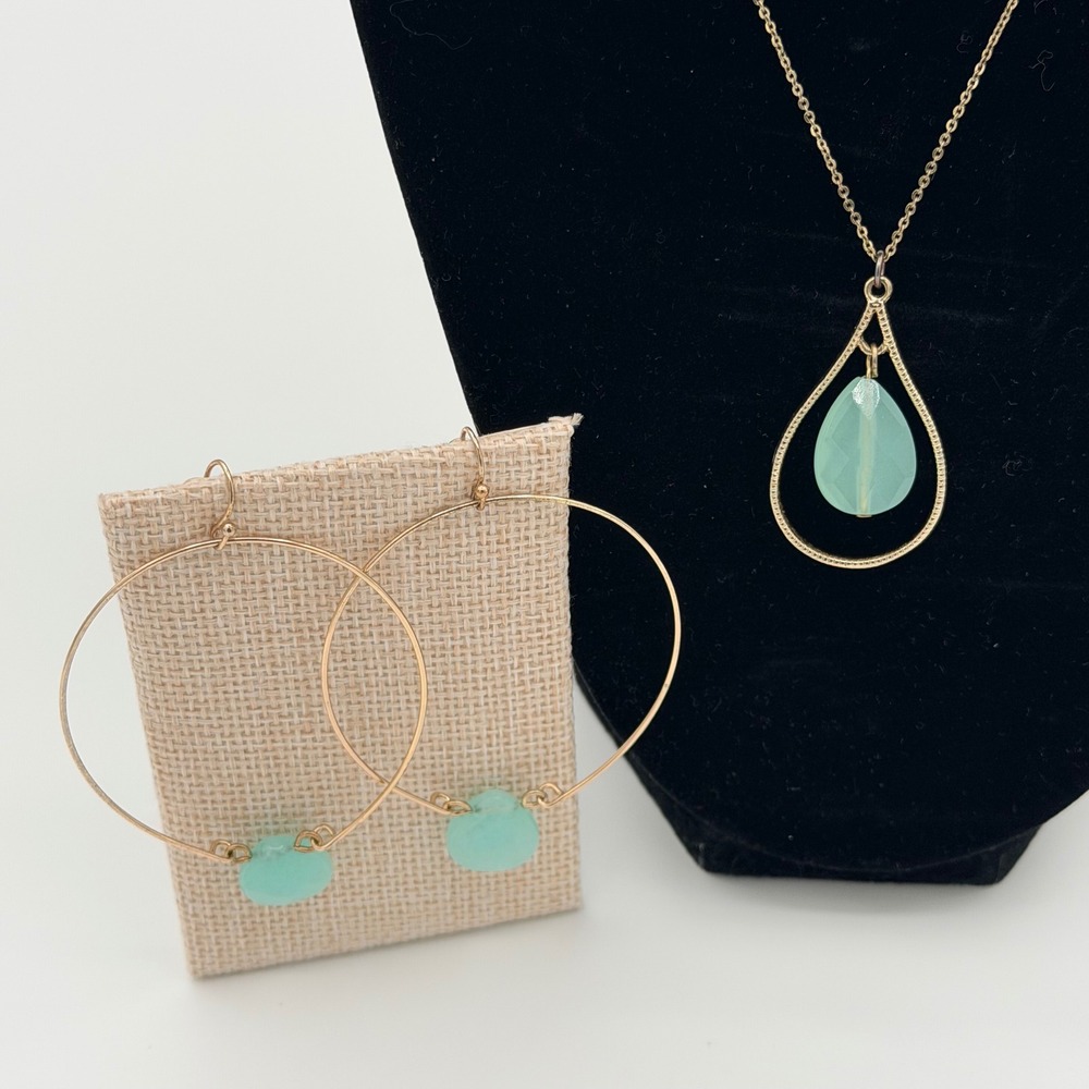 Mint Green Faux Stone Teardrop Necklace Hoop Earring Set Gold Tone Boho Resort